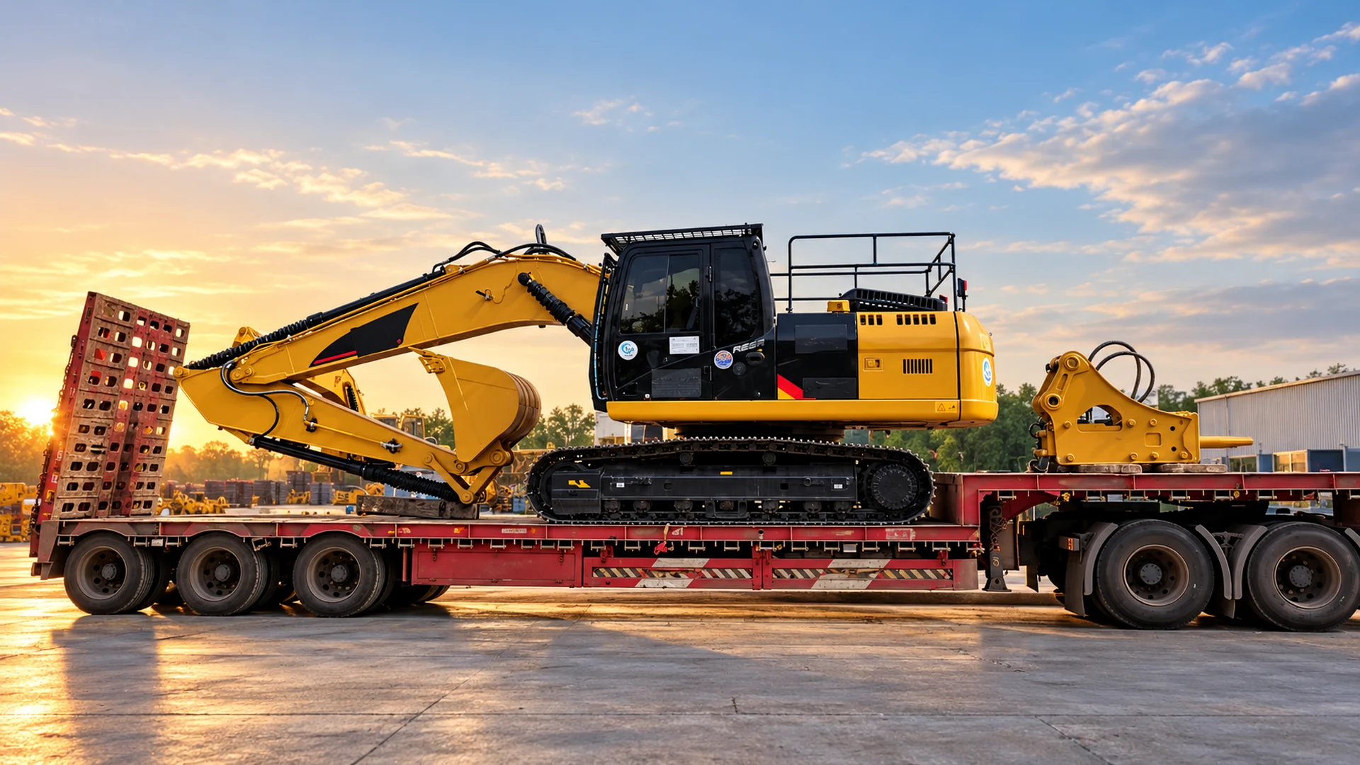 Excavator transported on a low-bed trailer
